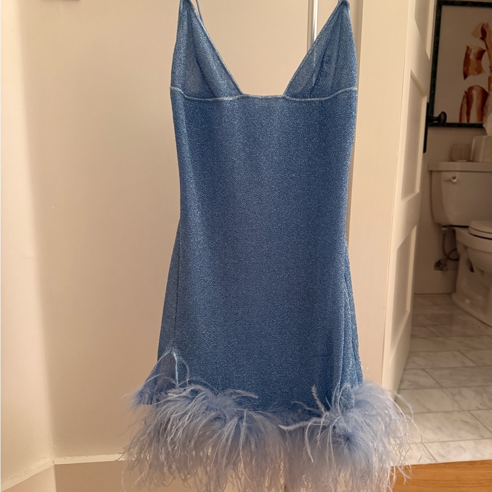 Oseree Blue Feather Trim Mini Dress